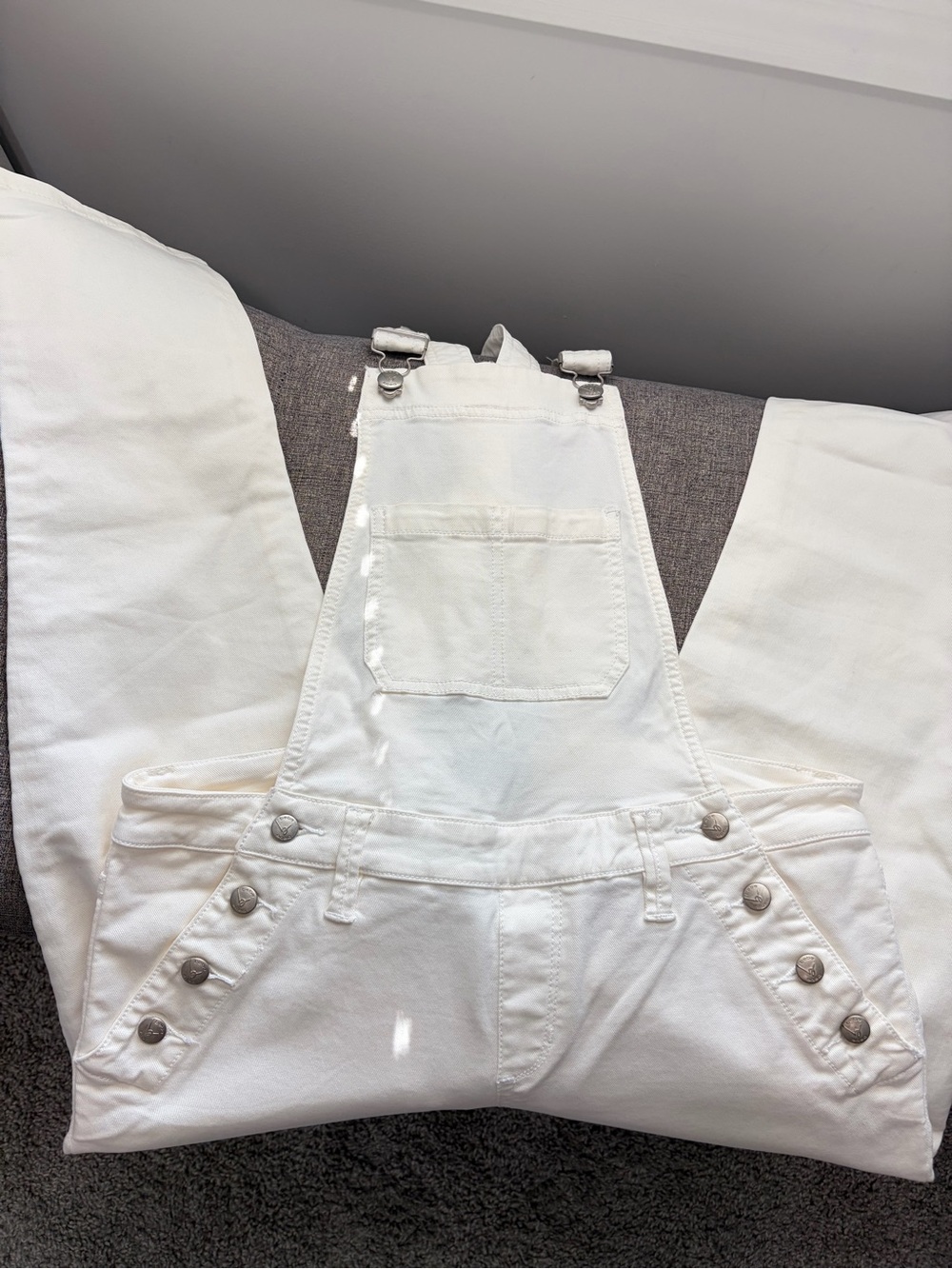 bebe Cropped White Overalls with Silver Hardware